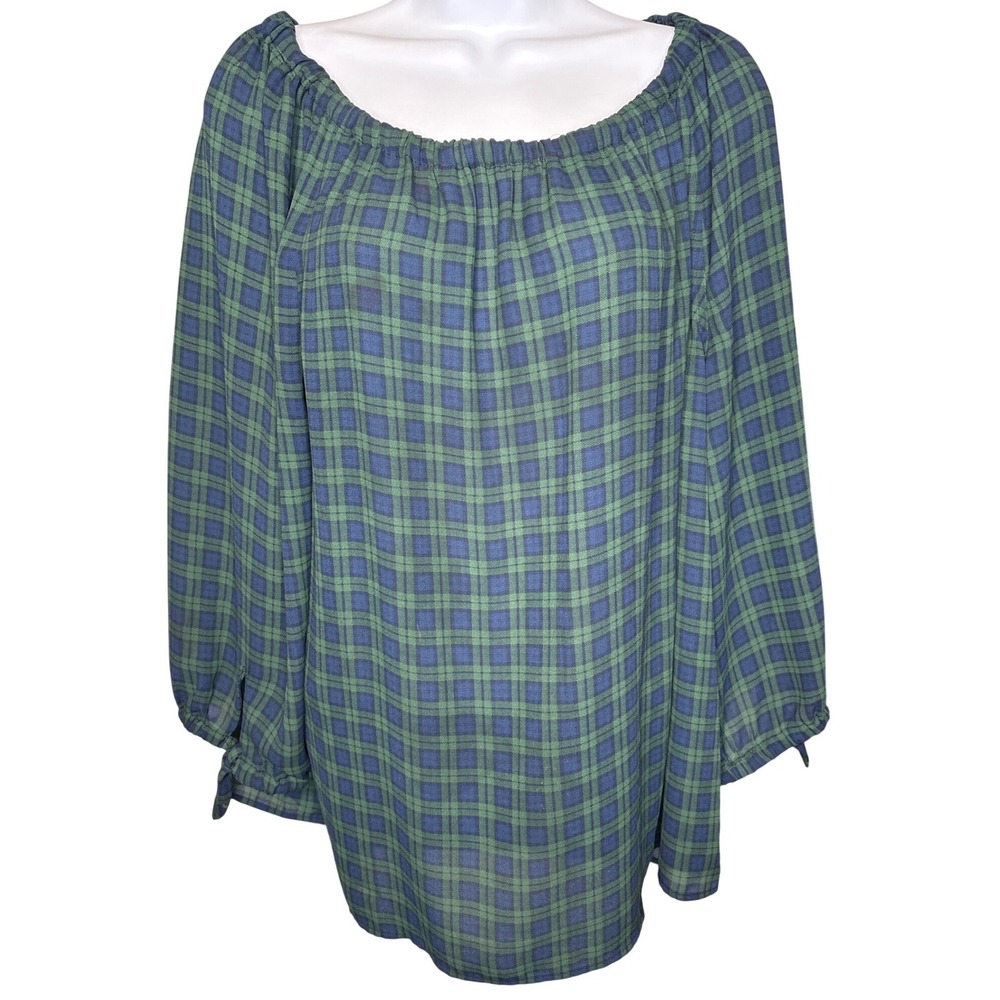 Talbots Womens Green Blue Plaid Off Shoulder Blouse Sz L Career Lightweight